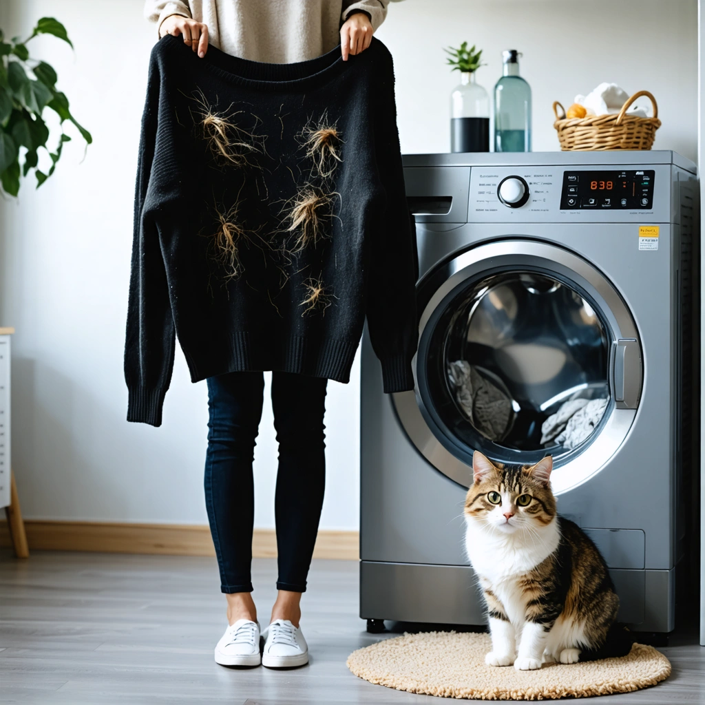 Une femme montre un vetement noir avec des poils de chat devant un seche-linge ouvert, tandis qu un chat duveteux est assis a cote.