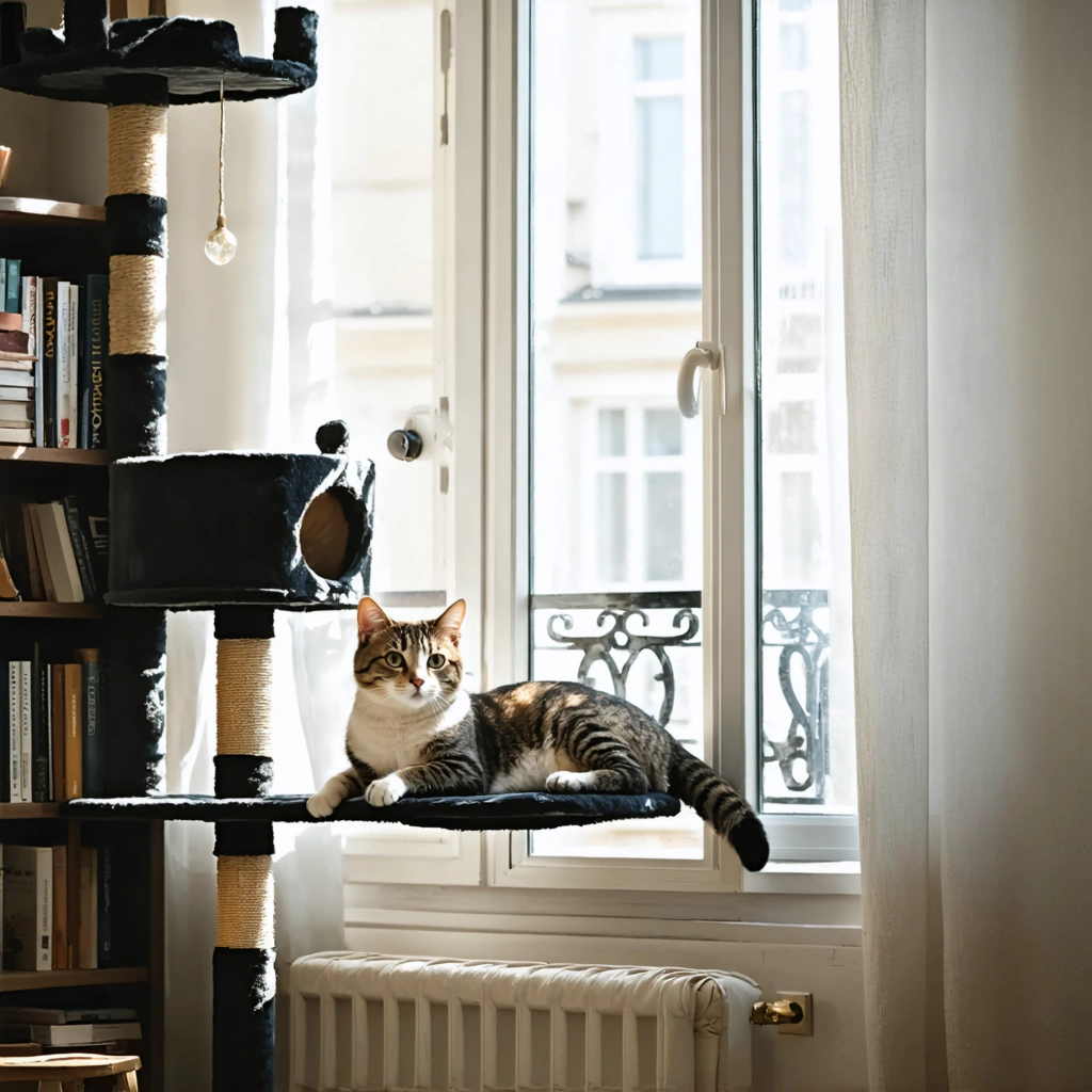 Un chat d’intérieur observe l’extérieur depuis un espace en hauteur dans un salon lumineux, avec un arbre à chat près d’une fenêtre et un aménagement confortable sans perçage des murs.