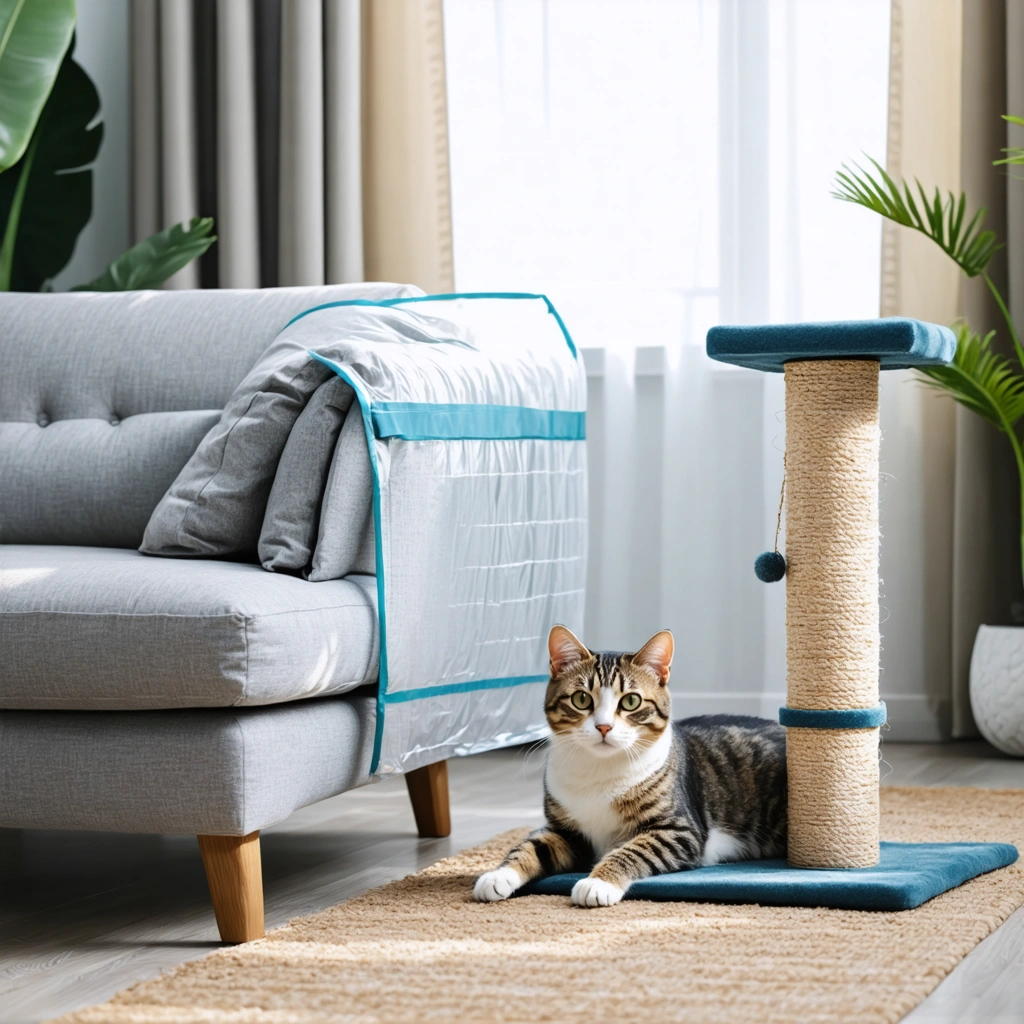 Un chat près d’un canapé en tissu protégé par une protection transparente discrète sur les accoudoirs, avec un griffoir placé juste à côté dans un salon lumineux.