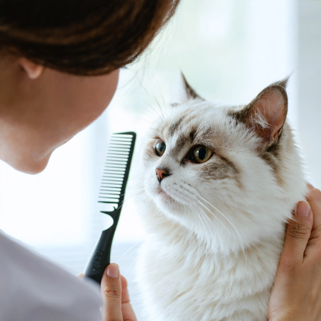 Une femme inspecte attentivement le pelage d'un chat blanc avec un peigne fin pour repérer des puces et leurs traces dans une pièce lumineuse.