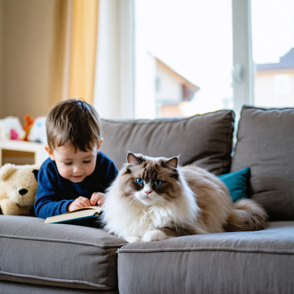 Un chat ragdoll allongé calmement sur un canapé à côté de deux enfants dans un salon familial lumineux