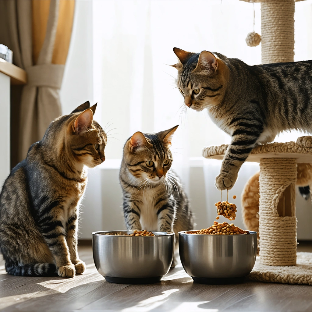 Trois chats mangent calmement dans des espaces séparés à l’intérieur d’une maison confortable, chacun devant sa propre gamelle.