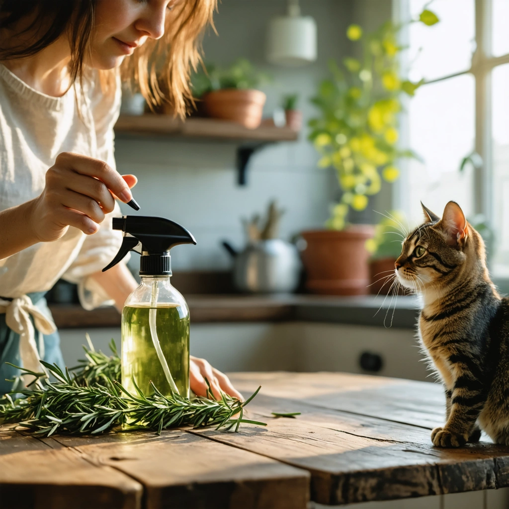Une femme prepare un spray naturel au romarin pour eloigner un chat de plantes d interieur, tandis qu un chat observe la scene dans un salon lumineux.