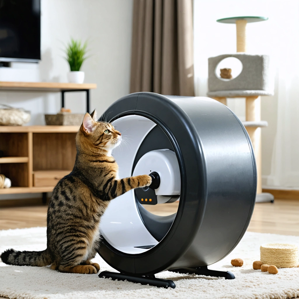 Un chat d’intérieur observe calmement une roue d’exercice pour chat dans un salon lumineux, prêt à l’approcher sans peur.