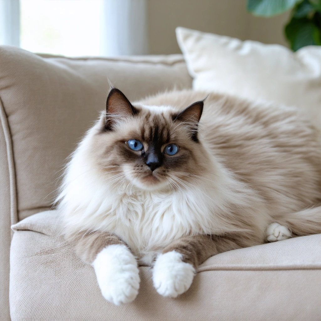 Un chat sacre de Birmanie aux yeux bleus, allonge calmement sur un canape dans un salon lumineux