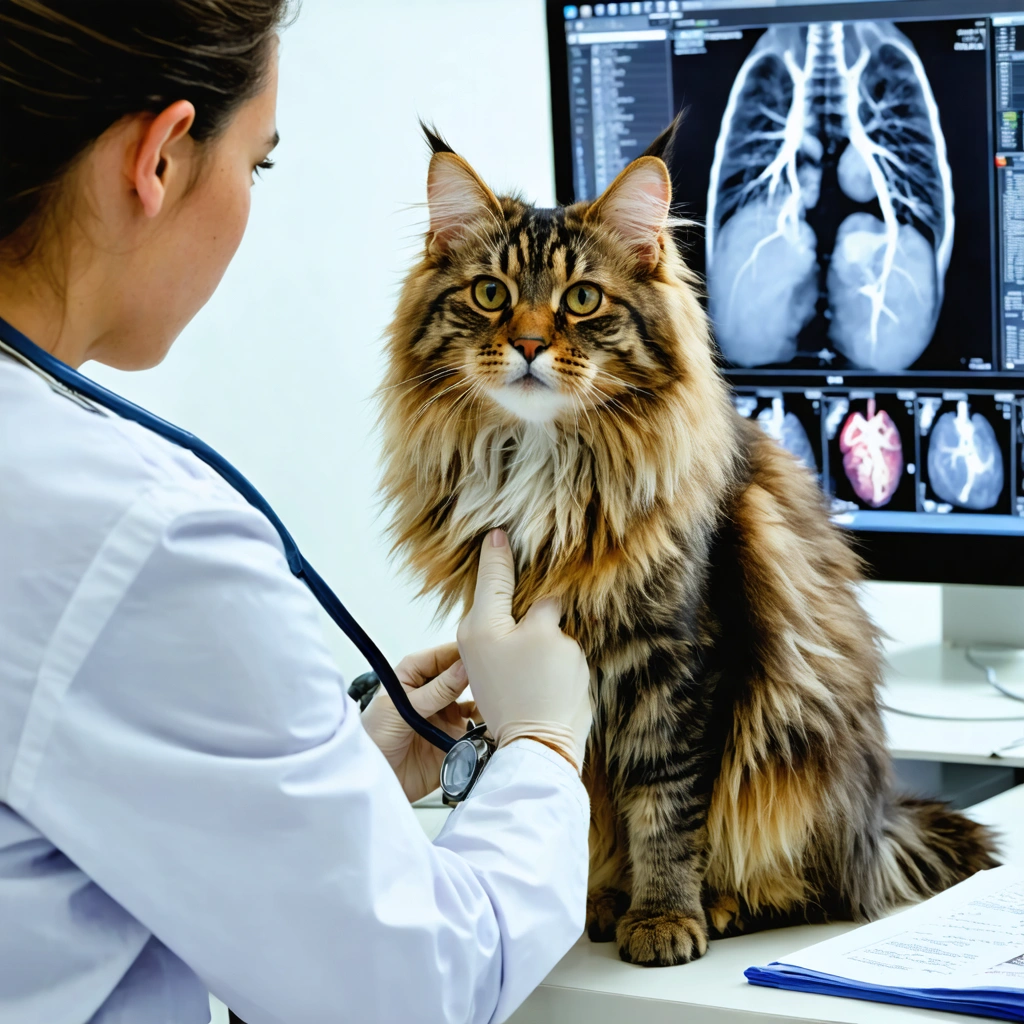 Un Maine coon assis sur une table d'examen chez le veterinaire, avec un ecran montrant un controle cardiaque et des radios en arriere-plan.