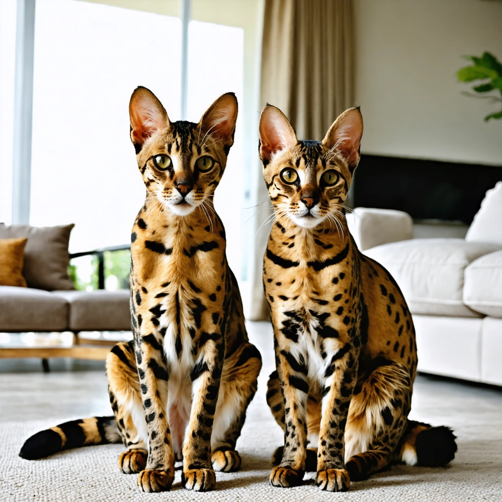Un chat Savannah mâle plus grand et une femelle plus fine côte à côte dans un salon lumineux, montrant leur différence de taille et leur silhouette élancée.