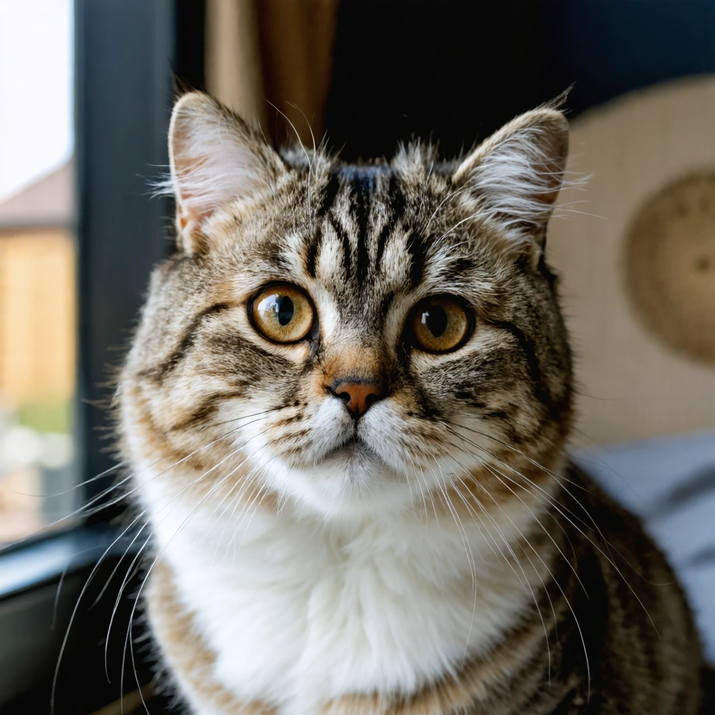 Portrait réaliste d’un chat Scottish Fold aux oreilles repliées, installé dans un intérieur confortable avec un couchage et un petit accès adapté, illustrant à la fois son apparence typique et la question de sa santé articulaire