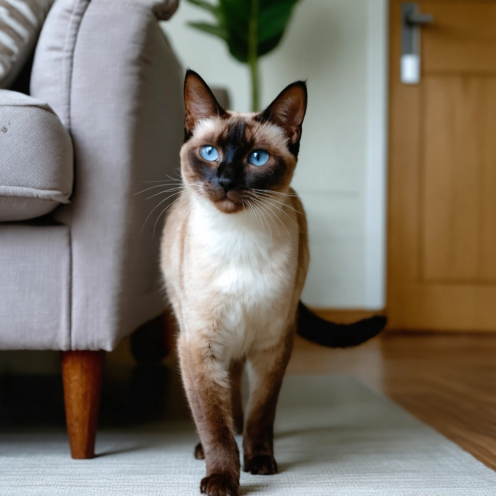 Un chat siamois aux yeux bleus suit son humaine dans un intérieur chaleureux, illustrant son comportement très proche de celui d’un chien.