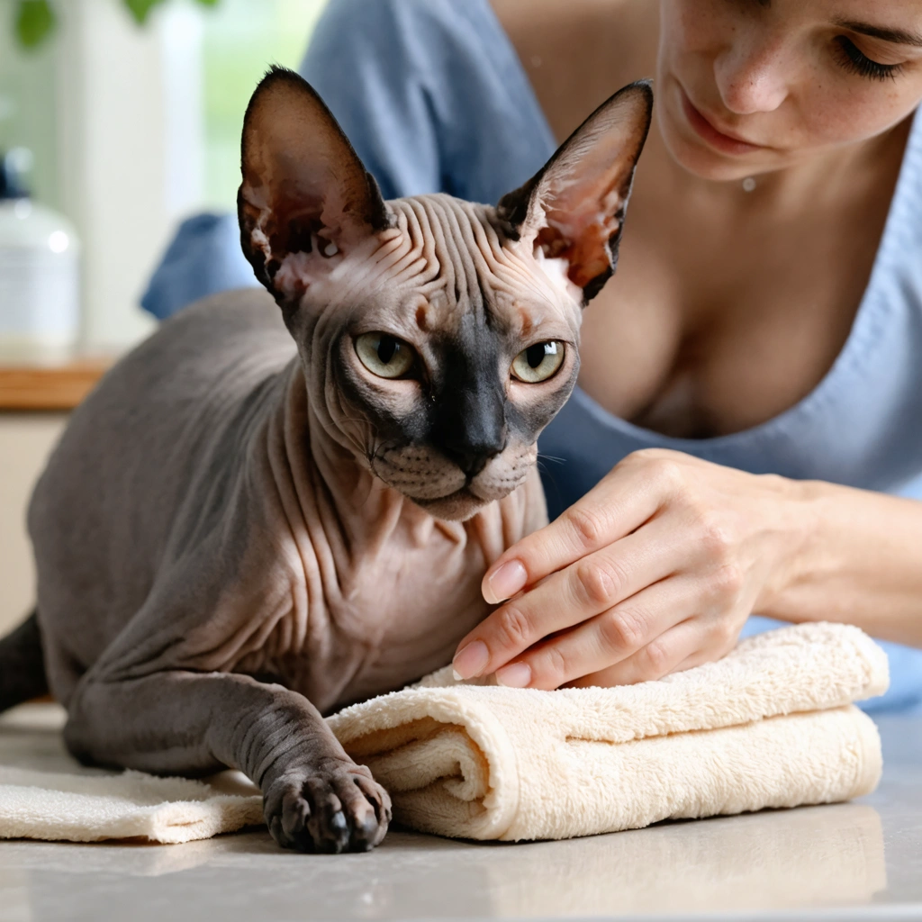 Une femme nettoie doucement la peau et les plis d’un chat sphynx avec un linge doux dans un intérieur lumineux et propre.