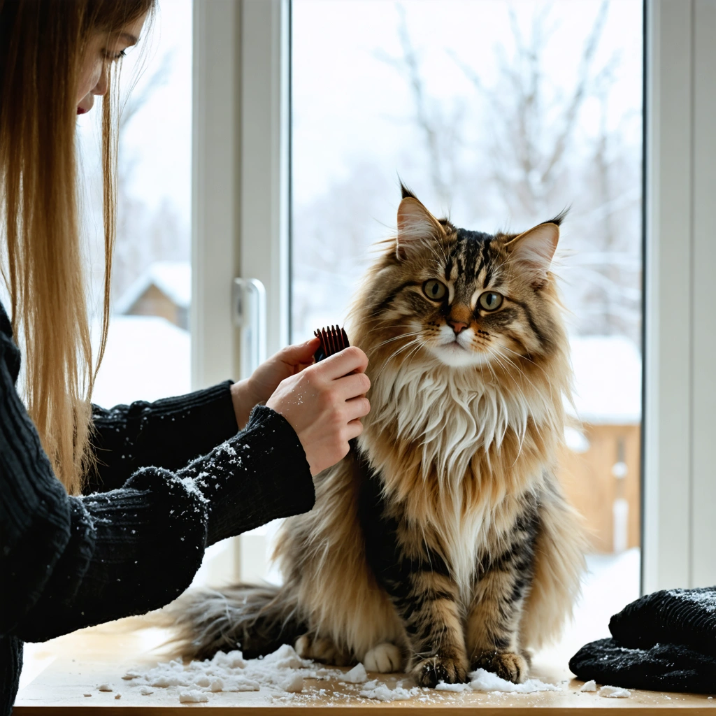 Une femme brosse doucement un chat siberien au pelage tres dense dans un salon lumineux, avec des poils retires sur la brosse pendant la periode de mue.