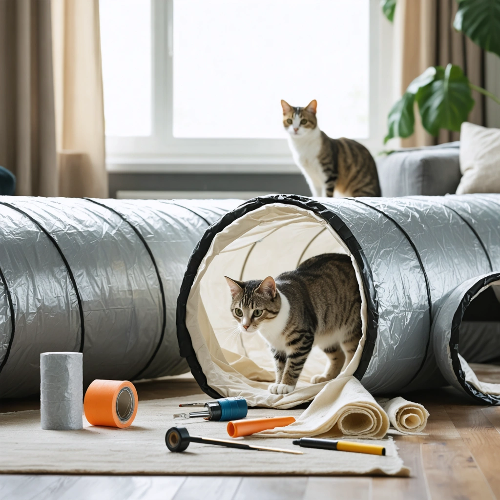 Un chat explore un tunnel fabrique avec des tuyaux de recuperation dans un salon, avec une finition douce et du materiel de bricolage autour.